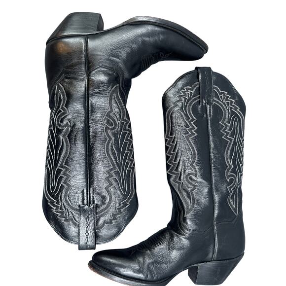 Dan Post Cowboy Boots 7 Black Leather Western Tall Embroidered Rodeo Rockabilly - Picture 1 of 16